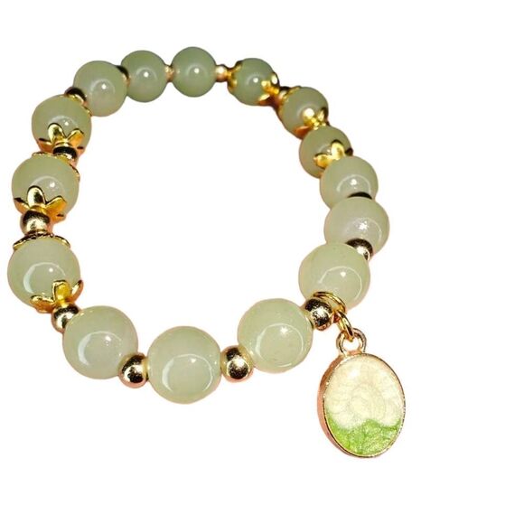 Green and Gold Beaded Charm Stretch Bracelet - Picture 1 of 4